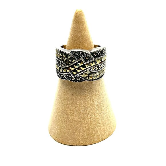 1980s Judith Jack Sterling Silver Marcasite Wide Crossover Band Ring - Picture 7 of 13